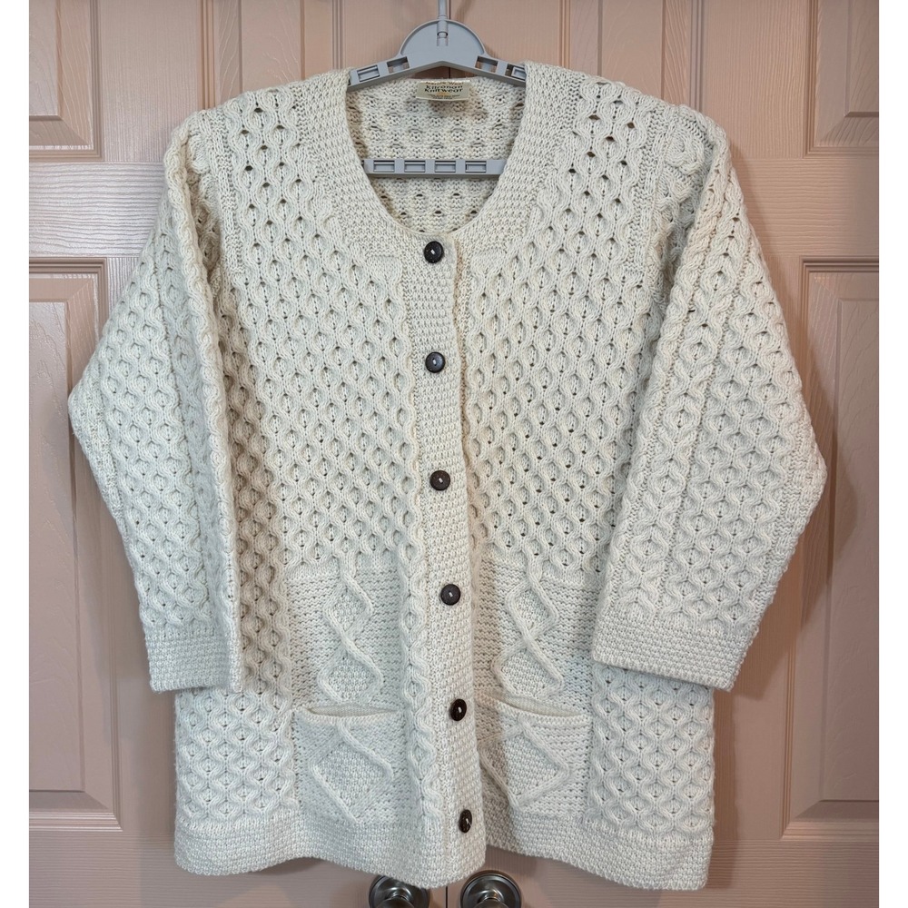 Vintage 90s Irish Cable Knit Cardigan Cream Merino Wool Aran Sweater Pocket XXL